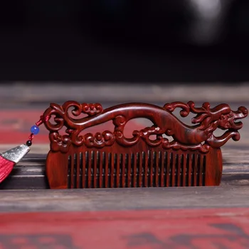 Китайска резба на червения сандаловому дърво, старинен дървен гребен, сватбена двойка, гребен дракон, дърворезба, подарък гребен, занаятчийски подарък