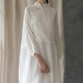 Китайското лятото и пролетта Бяло женствена рокля Свободно Намаляване на китайски стил от оцет, Futon Лен, Модифицирана версия на рокли