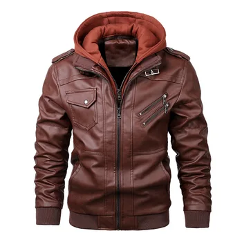 Кожени якета за мъже, ежедневни есенно-зимни палта от телешка кожа с качулка, мъжки топли реколта мотоциклетни пънк-палто