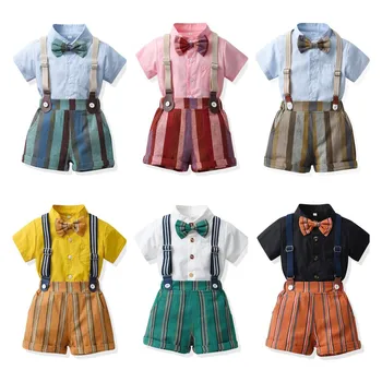 Комплект дрехи за малки момчета, Джентълменско кратък комплект дрехи за малки момчета, лятна риза с къс ръкав + панталони на подтяжках + папийонка