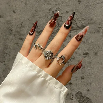 Комплект пръстени с регулируем отвор в стил Тъмен пънк за жени, Индивидуалност в стил хип-хоп, Резбовани Геометрия прилеп, Двойка пръстени на палеца, бижута