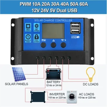 Контролер за зареждане на слънчева батерия 12V 24V 50A 30A 40A 20A Автоматичен контролер за слънчеви панели, Универсален LCD дисплей за зареждане на USB 5V