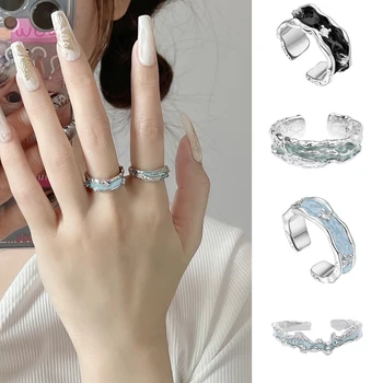Корейски модни пръстени с геометрична вълнообразни емайл и глазура, за жени, инкрустированное цирконии ръчно изработени, Отворен пръстен Y2k, бижута, Необичайни подаръци