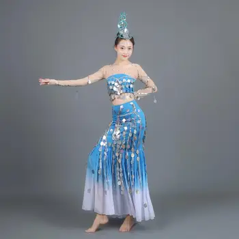 Костюми за танци Дай, Ориенталски китайски Народни танци, Танцьор-Паун, Костюми за възрастни, Полата С пайети и Риба Опашка, Панорамен костюм