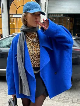 Кралско синьо Сако, яке-бомбер с ниски яка, яке с открити рамене, на една пуговице, с дълъг ръкав, Оверсайз, Свободно женско палто, Есен-зима, Стилни връхни дрехи