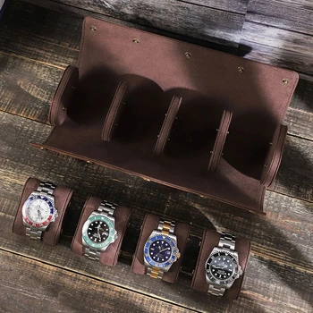 Кутия за часовници от естествена кожа, 4 Слота, Държач за часа, Преносим Реколта Кожено покритие за дисплея, Бижутериен гривна, съхранение подаръци