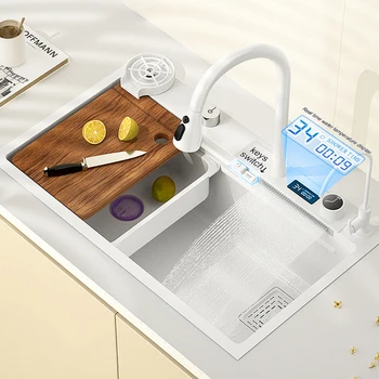 Кухненска мивка с водопад, Бял Цифров дисплей, Голяма Однослойная кухненска мивка от неръждаема стомана Nano 304 с водопад Fauce