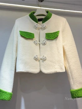 Късо палто с бял катарама в национален стил ретро стил за жени, есен-зима 2023, Ново Луксозно, Модерно луксозно палто с дълъг ръкав
