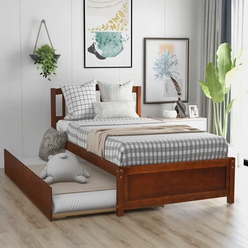 Легло-платформа двоен размер, дървена рамка на легло с багажником, орех Лесно за монтаж за мебели за спалня на закрито