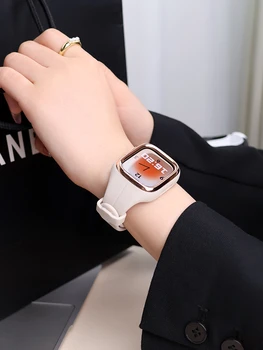 Луксозен Корпус от неръждаема стомана + каишка за Apple Watch 40 мм 41 мм, течен мек силиконов женски каишка с тънка талия за iwatch 8 7 6 5 4