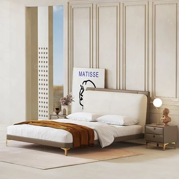 луксозен спален комплект от естествена кожа с таблата, спалня с бяло кожено легло с високо таблата