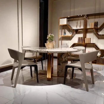 Луксозна кръгла малка потребителска каменна плоча от неръждаема стомана, лесна модерни мебели в скандинавски стил, комбинирани мебели за маса и стол