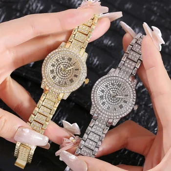 Луксозни дамски часовник с пълна диамантен пръстен, Елегантни маркови кварцов часовник с метална гривната, Дамски Моден часовник с кристали, цирконий