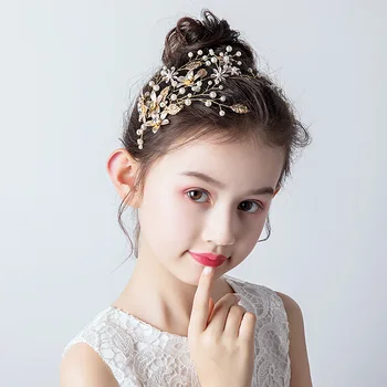 Луксозни Златни Аксесоари за коса в едно цвете за момичета на сватбата си с блестящи перли Детска превръзка на главата Детско Представа Короната за Първото Причастие