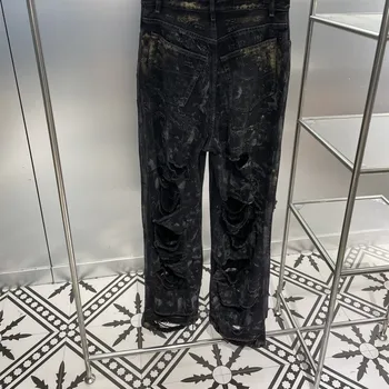 Луксозни маркови черни дънки с ожулвания, оригинални дизайнерски мъжки панталони с дупки, високо качество на известни дамски панталони, с петна