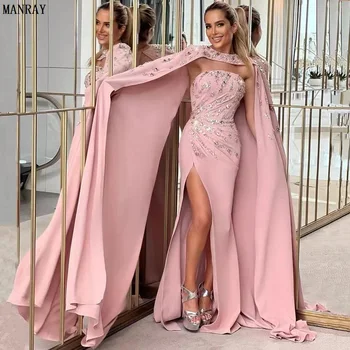 Луксозни рокли MANRAY за бала с аромат, Розови блестящи кристални Елегантни вечерни рокли с висока цепка за жени 2023, вечерни рокли без презрамки