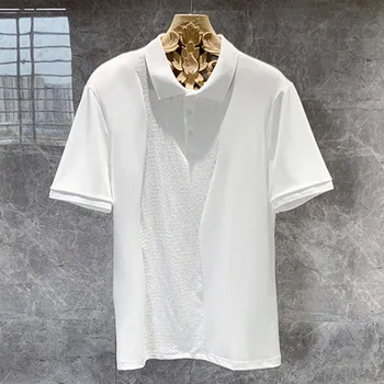 Лятна Трикотажная тениска-поло от ледената Коприна Slim Fit, Мъжка Реколта дишаща риза, проста однотонная риза поло с къс ръкав от заплитане