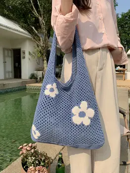 Лятна Чанта с цветен модел, Дамски Вязаная чанта През рамо, Ins, по-Голямата Голям чанта за пазаруване, Прости тъкани и плажни чанти от куха мрежа