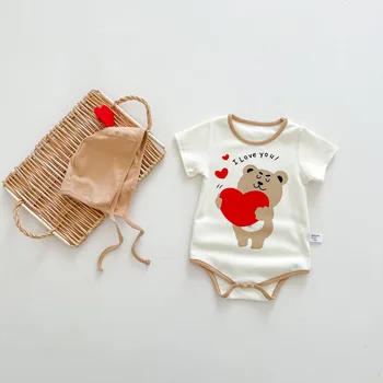 Лятно детско боди с къс ръкав 2023, Памук гащеризони за момчета и момичета с хубави принтом под формата на мечка на сърцето, Корейски дрехи за новородени