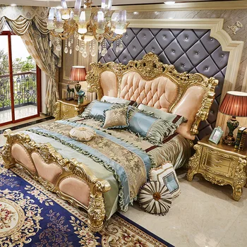 Мебели за дневна Европейската лукс, изцяло от масивно дърво, кожена спалня, придворная луксозна сватбена легло цвят шампанско, златна легло