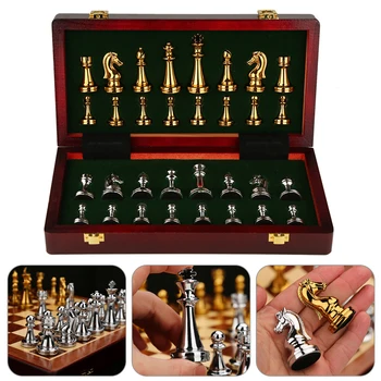 Метален шахматен комплект с високо качество на средновековната дървена шахматна дъска за възрастни и деца, 32 Метални фигури, Семейна детска играчка за подарък