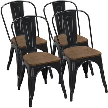 Метални сгъваеми трапезни столове с дървена седалка, комплект от 4 парчета, черен