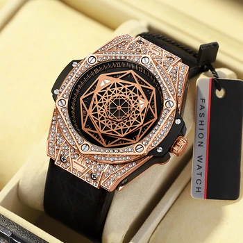 Модерен Нов Мъжки ръчен часовник с геометричен циферблат, инкрустиран с диаманти, Светещи Водоустойчив Бизнес Мъжки ръчен часовник с автоматикой 7034