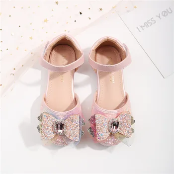 Модерни обувки за момичета, Розови обувки на принцесата с пайети, танцови сандали на равна подметка с кристали, детски ежедневни вечерни сватбени куки и примки