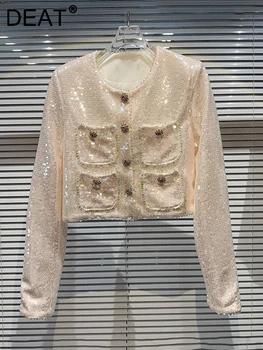 Модерно дизайнерско палто с много джобове и пайети, дамско Палто с Дълъг ръкав и кръгло деколте, Однобортная къс яке, Есен 2023 11XX5269