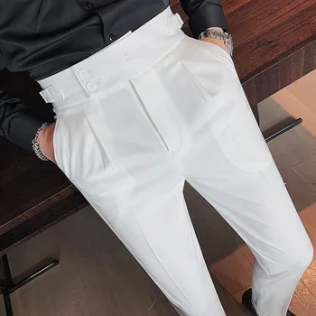 Модни официални панталони, Мъжки дрехи, Двубортные панталон-молив с висока талия, ежедневни обикновена прави панталони, 2023 джоба, Гамаши
