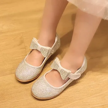 Момичета Мери Джейн за партита, сватбени импресии, Новост 2023, Детски обувки на нисък ток с кристали и лък, Ежедневни детски обувки за изказвания, Елегантна