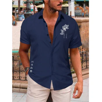Мъжки дрехи, Социални ризи, Мъжка тениска с къс ръкав, с Модерна риза с принтом Рози 2023, Ежедневни Свободни блузи, Тениски, Мъжки тениски
