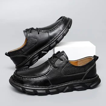 Мъжки ежедневни обувки, Лоферы без скрепителни елементи, по-Големи размери 38-47, Маратонки за възрастни, Лоскутная Дишащи обувки-машина от нетъкан текстил, кожени мъжки обувки