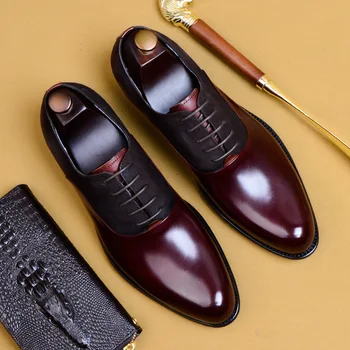 Мъжки ежедневни обувки на плоска подметка, Реколта oxfords ръчно изработени, луксозни мъжки обувки черен цвят бордо от естествена телешка кожа с перфорации тип 