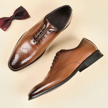 Мъжки Модел обувки от цялата кожа, броги, Официалната обувки, Обувки с резба в блока, Мъжки офис сватбени обувки дантела с остри пръсти