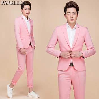 Мъжки Розови костюми от 2 теми (яке + панталон, марка 2019, оборудвана сватбен смокинг на Младоженеца в една пуговице, костюми с панталони, Terno Masculino