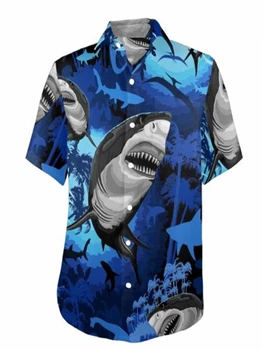 Мъжки сини блузи с принтом акули, лятна градинска риза, Празнични Блузи с къс ръкав и копчета
