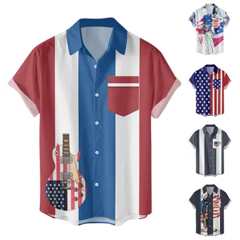 Мъжки Хавайски ризи с къс ръкав и ревери, Ризи с принтом на Деня на Независимостта, Модни летни дрехи за почивка за мъже, Ropa Hombre
