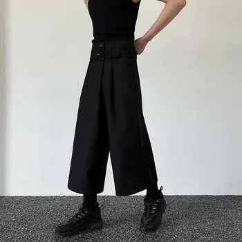 Мъжки японски и корейски градинска дрехи, тъмно-черни модерен ежедневни панталони свободно намаляване с широки штанинами, мъжки панталони-кимоно в ретро стил
