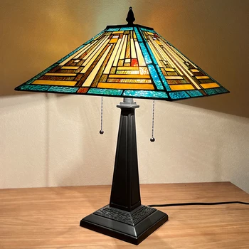 Настолни лампи Тифани, настолна лампа от витражного стъкло за четене, 2 лампи зелен цвят, Античен нощно стил Mission За хол, спалня