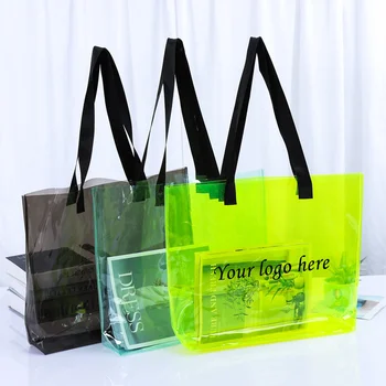Нов прием на 100 бр. Празни Водоустойчив карамел цвят Прозрачен Неон за многократна употреба Подарък пластмасова торбичка за пазаруване от PVC С логото на поръчка