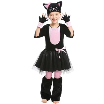 Нов Хелоуин, Карнавальная парти, Mardi Gras, Cosplay, Детски костюм Мис Кити за момичета, Розова рокля с черна котка, костюм