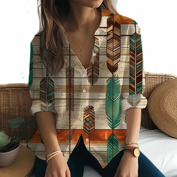 Нова мода универсална женска риза с дълги ръкави, лесна и удобна риза с 3D-принтом, светли темпераментен риза с дълги ръкави