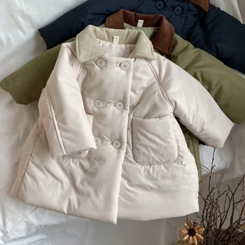 Нови зимни детски палта унисекс с памучна подплата, корейски стил, однотонная утепленная детски връхни облекла