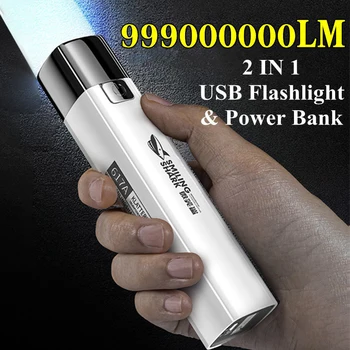 Новият 2 В 1 9990000LM Ултра ярък тактически led фенерче Mini Факел Power Bank Външно осветление 3 режима с USB кабел за зареждане
