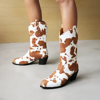 новост 2023 г., есенни и зимни дамски ботуши до средата на прасците, по-големи размери 22-29 см, модерни дамски обувки от флока, реколта ботуши в стил уестърн краве цвят