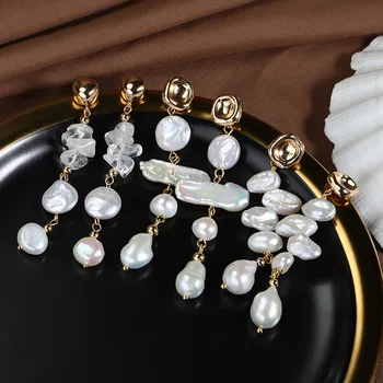 Обеци от естествени сладководни перли, златисто, Нередовен перли в бароков стил, очарователни Дълги обеци-капки с пискюли за жени, Корейски бижута