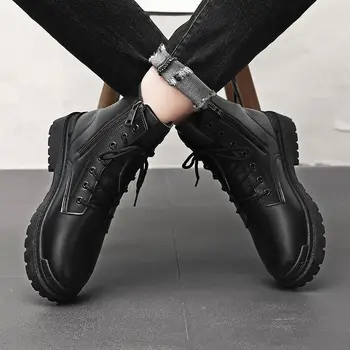 Обувки Martin/мъжки работни обувки със среден берцем в британския стил на мълния в стила на локомотив, високи кожени ботуши, черни къси ботуши, мъжки обувки