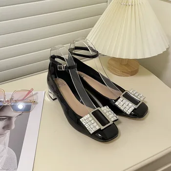 Обувките Мери Джейн в Ретро стил, Украсени с пайети, Sapatos Das Mulheres, Женски тънки обувки от лачена Кожа На дебелите Ток, Zapatos De Mujer
