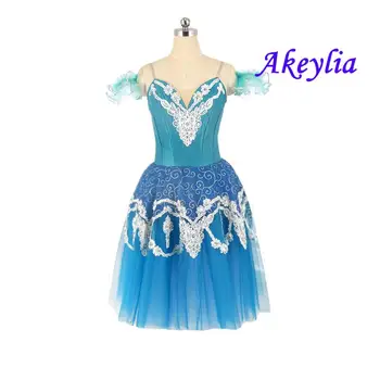 От паун синя Романтична балетната поличка, Кратък стил, бял професионален балетен костюм за състезания за момичета JNBL153B